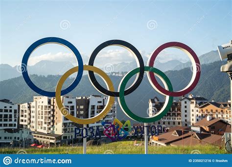 Russia Sochi July 4 2019 Colorful Olympic Rings In Olympic Village