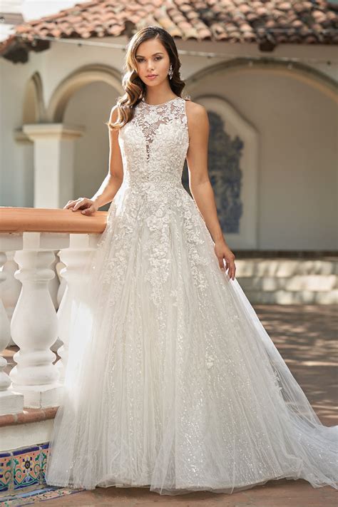 t212013 romantic embroidered lace ball gown wedding dress with halter neckline