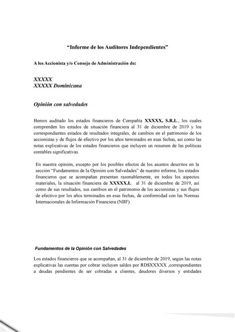 Informe De Auditoria Con Salvedades “informe De Los Auditores