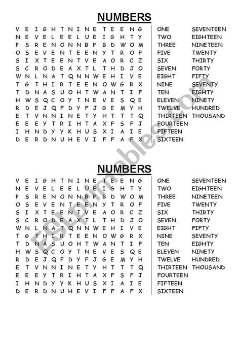 A Wordsearch With All The Numbers Vocabulary Worksheets Vocabulary