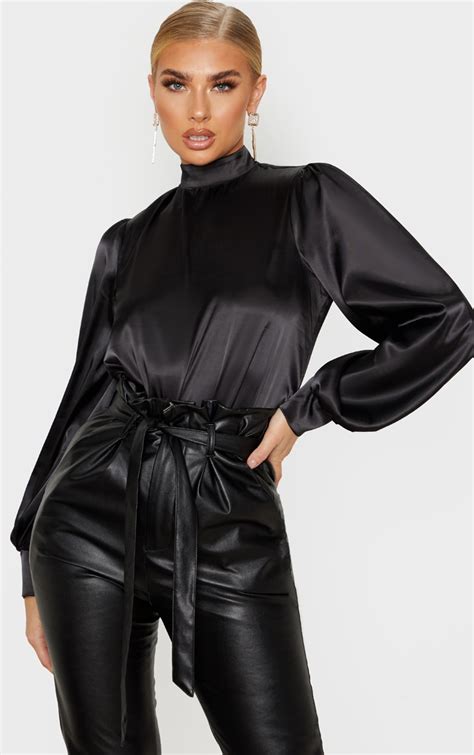 black satin high neck puff sleeve top tops prettylittlething ie