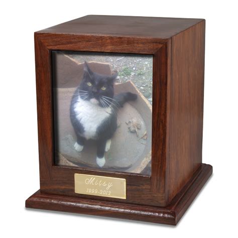 We will work with you to make sure the engraved urn is perfect and provides a lasting legacy. Elegant Photo Wood Cat Urn- Free Engraving!