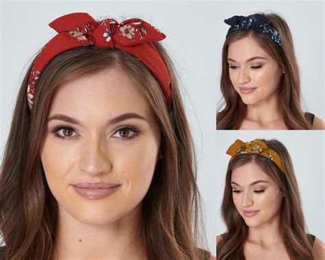 Bow Headband Women Top Knot Vintage Floral Rigid Hair Band With