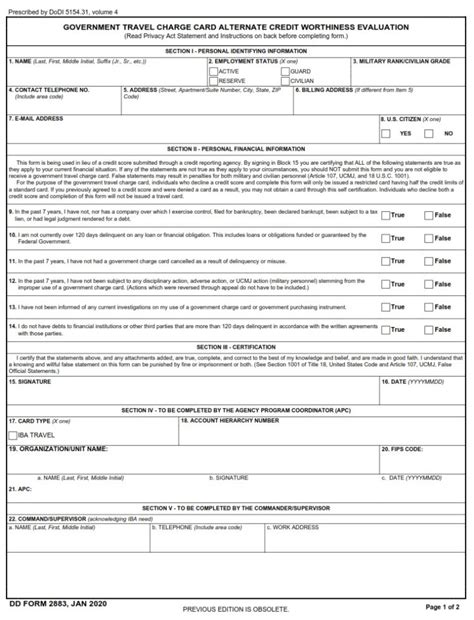 Dd Form 2883 Government Travel Charge Card Alternate Credit
