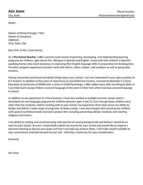 This cover letter emphasizes the applicant's academic achievements, especially in regards to the psychology education required for many counselor this cover letter discusses the teacher's plans to incorporate curriculum as well as help facilitate induction of students into the german honor society. Preschool Teacher Cover Letter