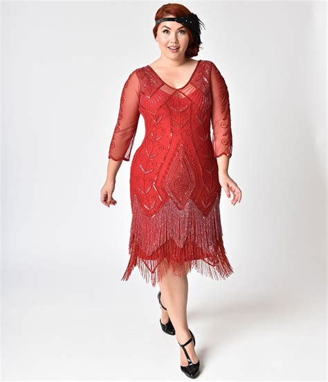 plus size 1920s style red sleeved beaded scarlet fringe flapper dress unique vintage plus