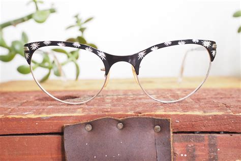 vintage eyeglass 1960 s cat eye glasses atomic era cateye frames new old stock with etched