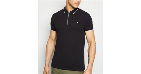 Black Tipped Zip Front Polo Shirt New Look