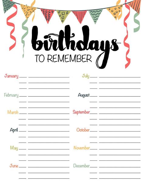 Free Printable Birthday List To Reminder Template
