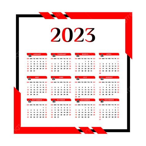 2023 Calendário Preto E Vermelho Com Forma única Png Calendário 2023