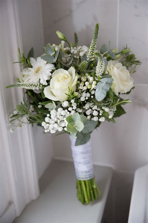 White And Cream Bridal Bouquet With Roses Gypsophila Eucalyptus