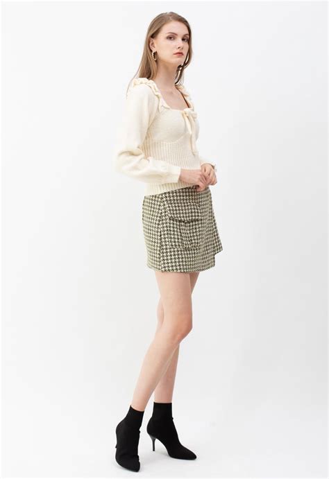 Houndstooth Tweed Asymmetric Mini Skirt In Green Retro Indie And