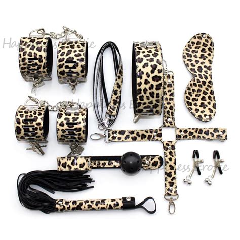 Adult Games 8pcs Set Leopard Grain Leather Handcuffs Gag Nipple Clamps Whip Mask Fetish Sex Toy