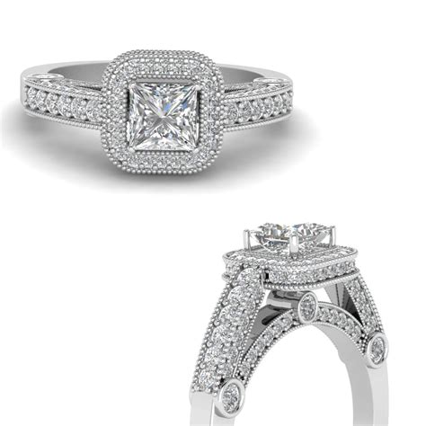 Princess Cut Antique Square Halo Diamond Engagement Ring In 14k White