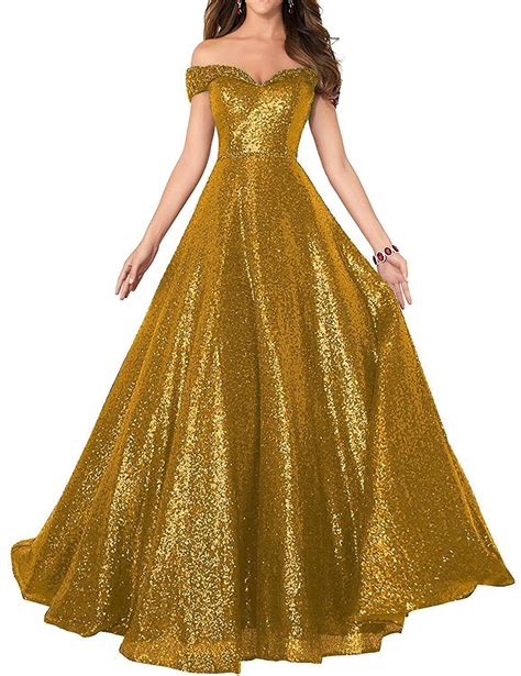 Jqld Sparkly Beaded Off The Shoulder Prom Dress A Line Sequin Evening Dress Long Gold Us2