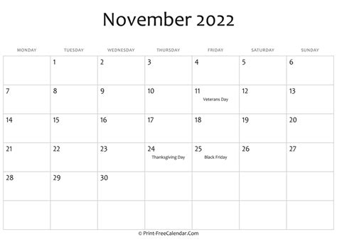 November Editable Calendar Printable Calendar Blank