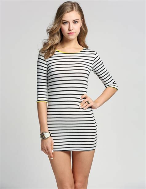 Womens Striped Half Sleeve Over Hip Slim One Piece Dress White