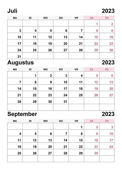 Kalender Juli Augustus September 2023