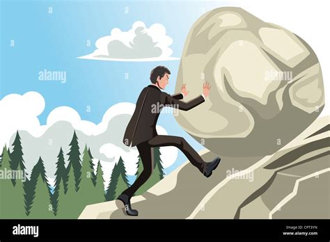 A Man Pushing A Boulder Uphill Stock Photo Alamy