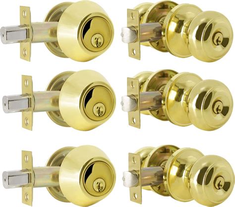 Probrico Polished Brass Entry Door Knob Lock Set And Double Cylinder