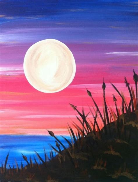 Large Moon Over An Ocean Cute Things To Paint Sunset Sky In Blue Pink
