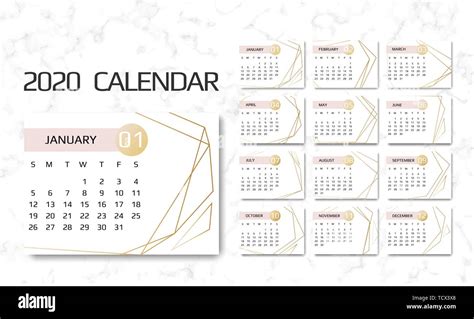 Calendar 2020 Template 12 Months Design With Geometrical Art Lines