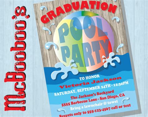 Rustic Graduation Pool Party Invitations With Beach Ball Graduation