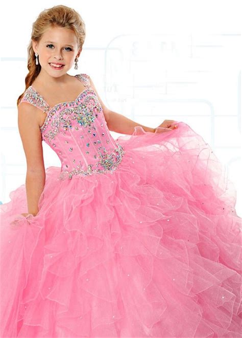 Ball Gown Sweetheart Pink Organza Ruffle Beaded Girl Pageant Prom Dress