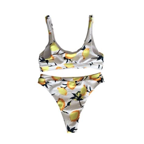 Lemon Print Bikinis Crop Top Bathing Suits High Waisted Bikinis For Women