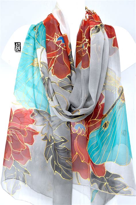Hand Painted Silk Shawl Japan Scarf Kimono Silk Scarf Luna Etsy