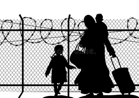 Silhouettes Of Refugee With Two Children Standing At The Border