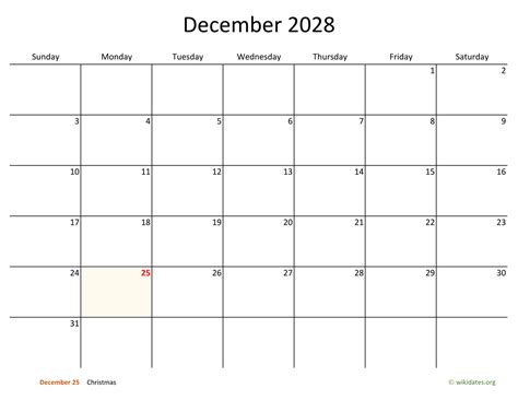 December 2028 Calendar With Bigger Boxes