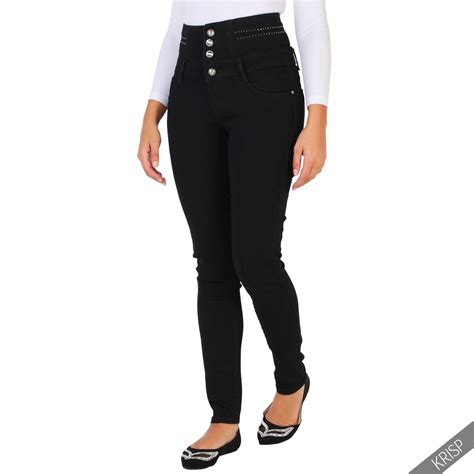 women ladies gem high waisted fashion skinny jeans stretch denim slim fitted leg ebay