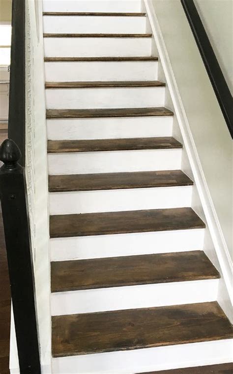 Dark Stained Stairs With White Risers The Stairwell Makeover