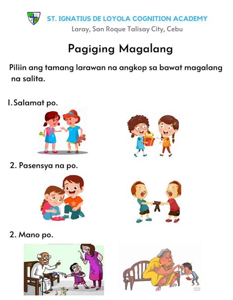 Pagiging Magalang Worksheet Formative Assessment Kindergarten