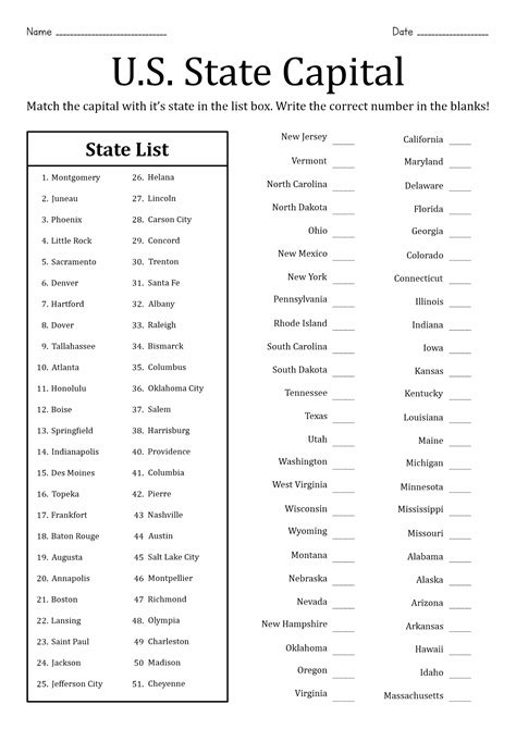 Worksheet For States And Capitals