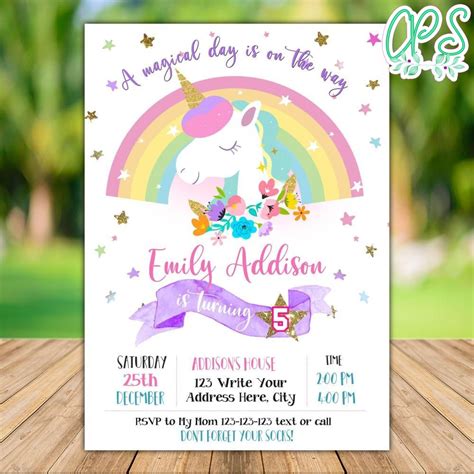 Printable Rainbow Unicorn 5th Birthday Invitation Diy