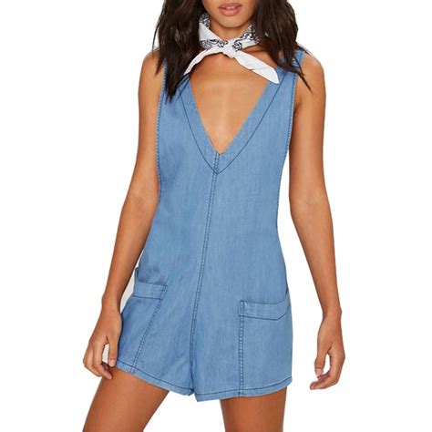 Denim Solid Blue Sexy Slim Casual Loose Short Women Rompers Plunge Neck Sleeveless Backless