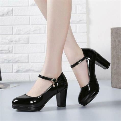 2020 Womens Patent Leather Block Heel Ankle Strap Shoes Round Toe 7cm