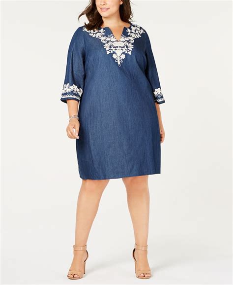 Eci Plus Size Cotton Embroidered Chambray Shift Dress And Reviews