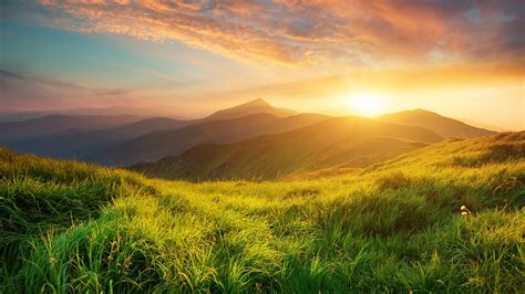 Natural Summer Mountain Valley Landscape During Sunrise Windows