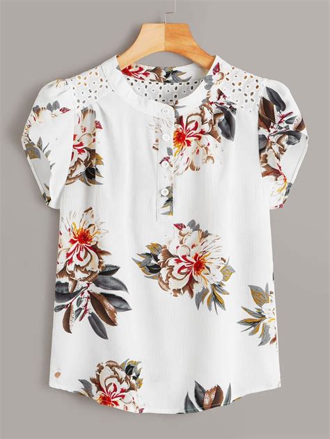 Eyelet Embroidered Floral Print Blouse Blouses For Women Floral