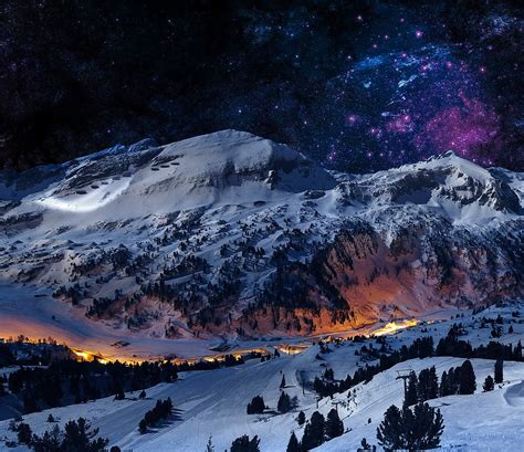 Mountain Night Sky Snow Blue Stars Nature 4k Wallpaper Best Wallpapers