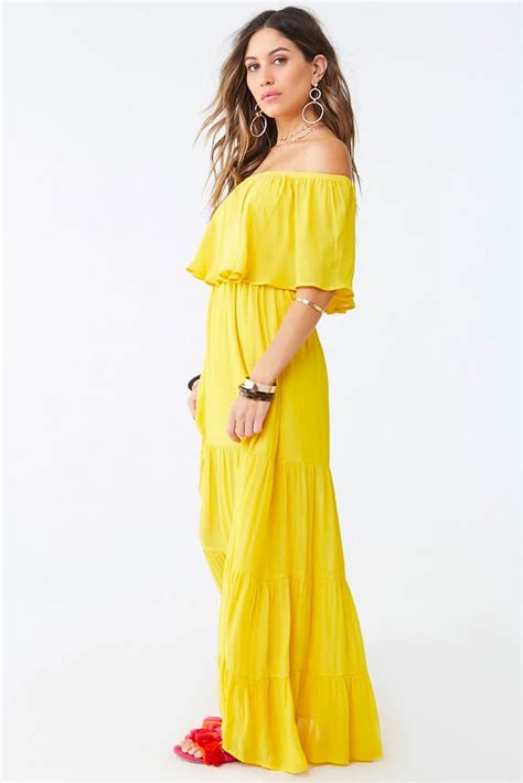 Forever 21 Yellow Tiered Off The Shoulder Maxi Dress Summer Dresses