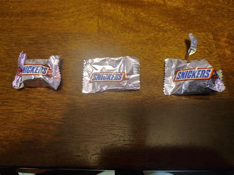 i received an empty sealed snickers wrapper in my easter candy from left to right sealed with