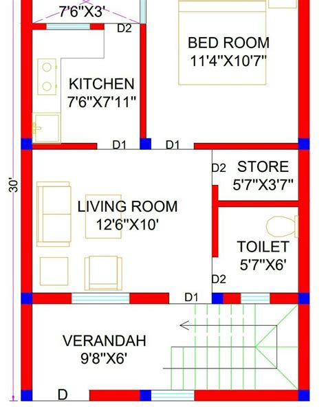 The Floor Plan For A Two Story House With Red And Blue Trimmings On It
