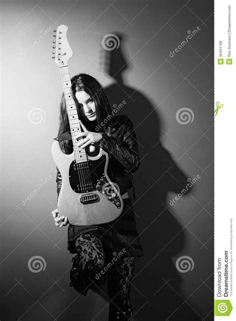 Female Guitar Player Black And White Royalty Free Stock