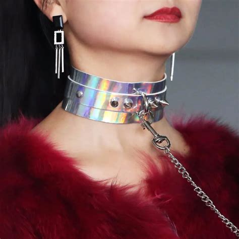New Design Metal Rivet Slave Holographic Bdsm Laser Choker Necklace Woman Men Exaggerated