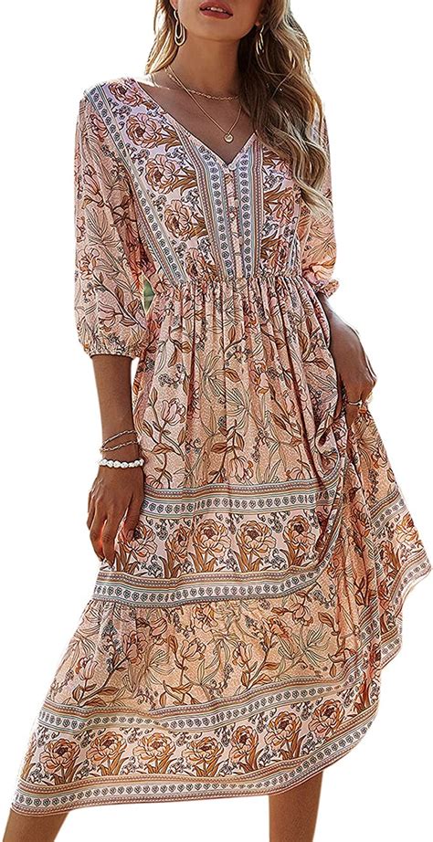 Anaike Women Boho Long Dress Floral Print V Neck Half Sleeve Casual