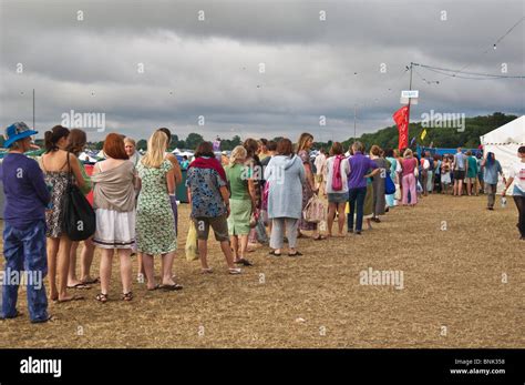 Sunday Morning Long Shower Queue At A Music Festival Womad 2010 Stock